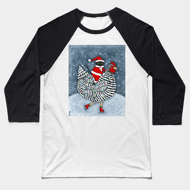 Ice Skating Christmas Chicken Baseball T-Shirt by KilkennyCat Art